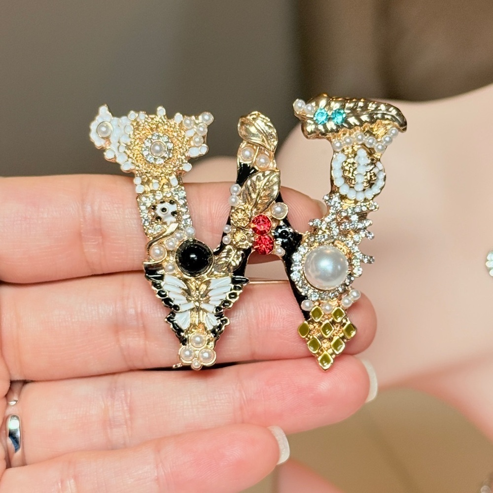 Multicolor Gold and Black W Embellished Brooch